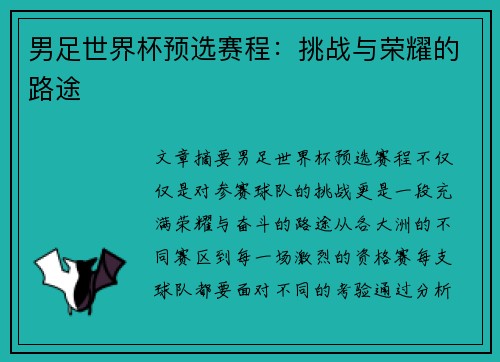 男足世界杯预选赛程：挑战与荣耀的路途